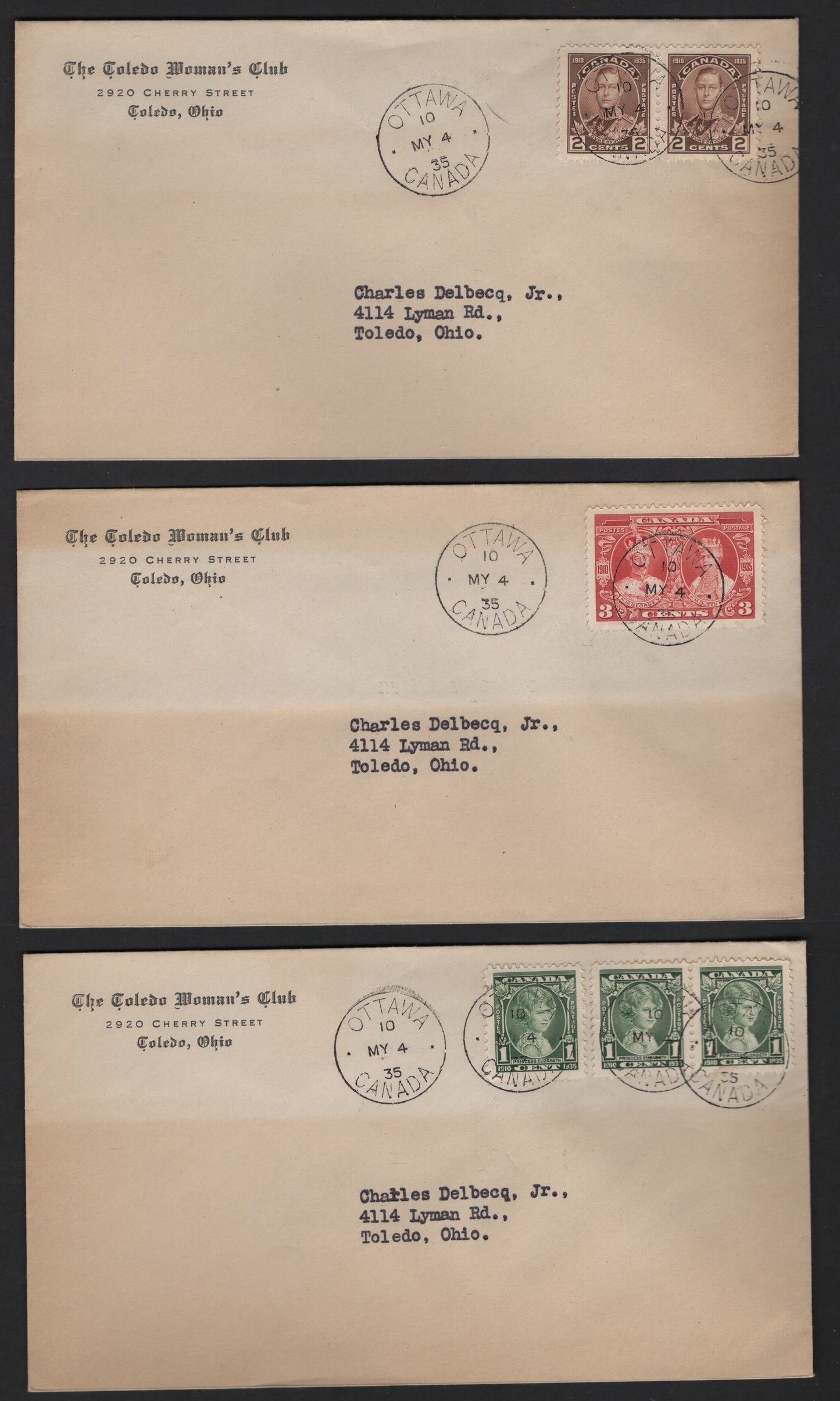 Lot 240 Canada (C) #211-213 1c - 3c Green - Carmine Princess Elizabeth - King George V & Queen Mary, 1935 KGV Silver Jubilee Issue, 3 Fine Used Covers, Set Of 3 FDCs, Franked With A Strip Of 1c, Pair Of 2c & 3c, Some Age Discoloration Of The Envelope.
