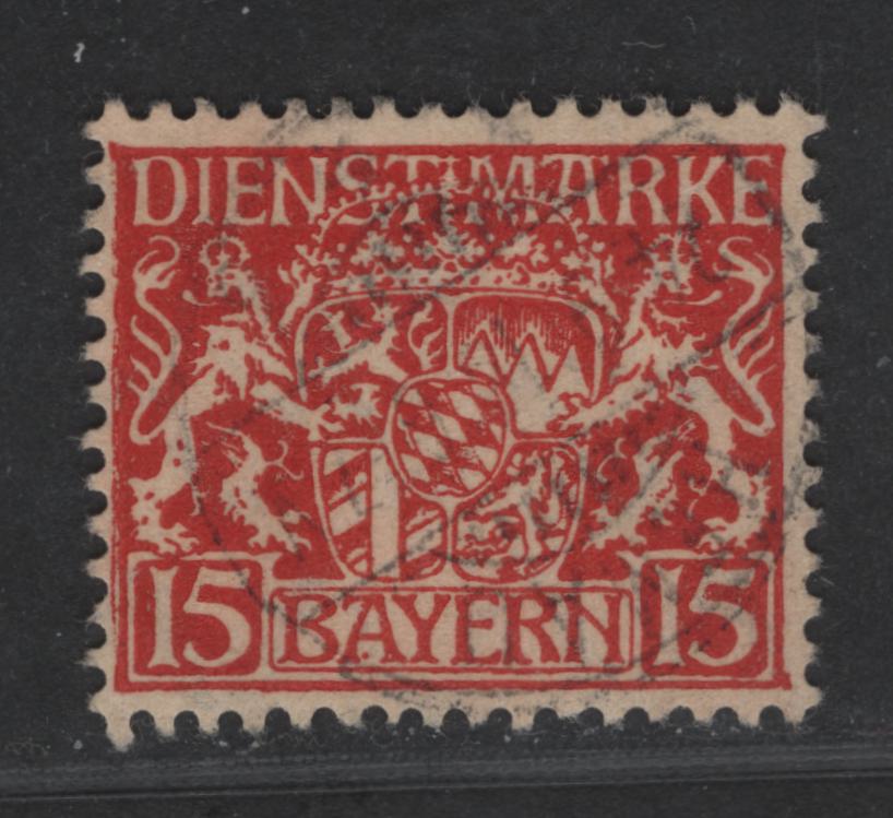 Lot 170 Bavaria SC#O12 (Mi #27x) 15pf Deep Scarlet Red Coat Of Arms, 1916-1920 Official Issue, A Fine Used Single On Paper Type X, As Described In Michel, Questionable Cancel