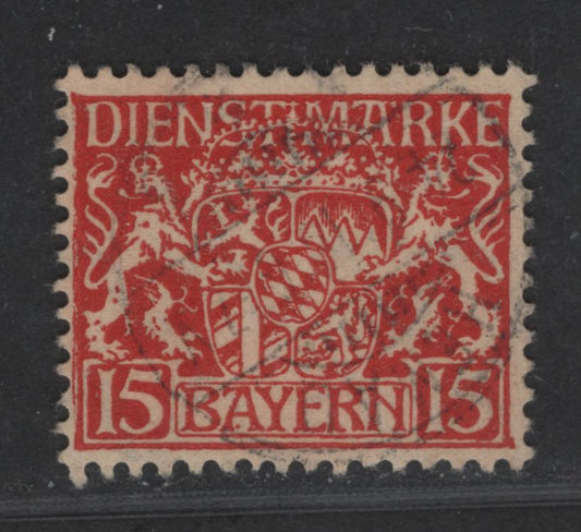Lot 170 Bavaria SC#O12 (Mi #27x) 15pf Deep Scarlet Red Coat Of Arms, 1916-1920 Official Issue, A Fine Used Single On Paper Type X, As Described In Michel, Questionable Cancel