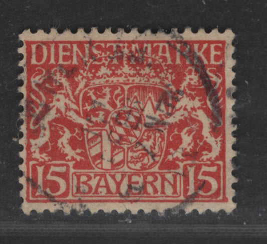 Lot 171 Bavaria SC#O12 (Mi #27x) 15pf Deep Scarlet Red Coat Of Arms, 1916-1920 Official Issue, A Fine Used Single On Paper Type X, As Described In Michel, Cancel Appears Legitimate