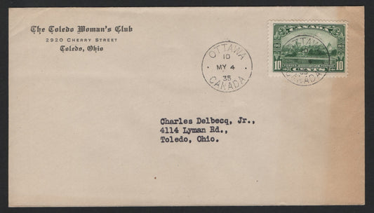 Lot 243 Canada (C) #215 10c Green Windsor Castle, 1935 KGV Silver Jubilee Issue, A Fine Used Cover, Toning Along The Right Edge