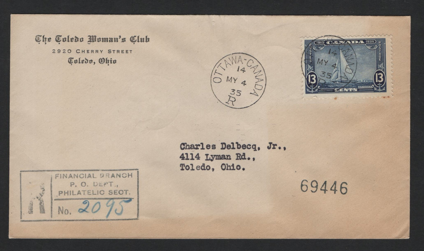Lot 244 Canada (C) #216 13c Dark Blue Royal Yacht Britannia Issue, 1935 KGV Silver Jubilee Issue, A Fine Used Cover, Affected By Mild Edge Toning