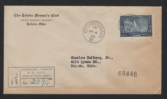 Lot 244 Canada (C) #216 13c Dark Blue Royal Yacht Britannia Issue, 1935 KGV Silver Jubilee Issue, A Fine Used Cover, Affected By Mild Edge Toning