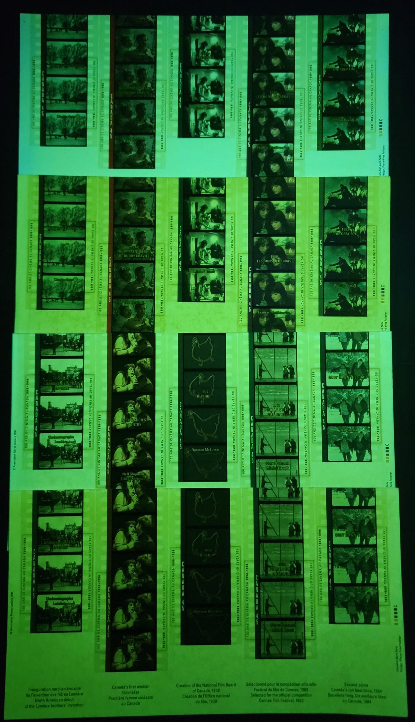 Canada  #1615-1616 45c Multicoloured L'arrivee d'un train en gare - The Grey Fox, 1996 Cinema in Canada Issue, 4 VFNH Souvenir Sheets Of 5 With Strong & Weak Tagging