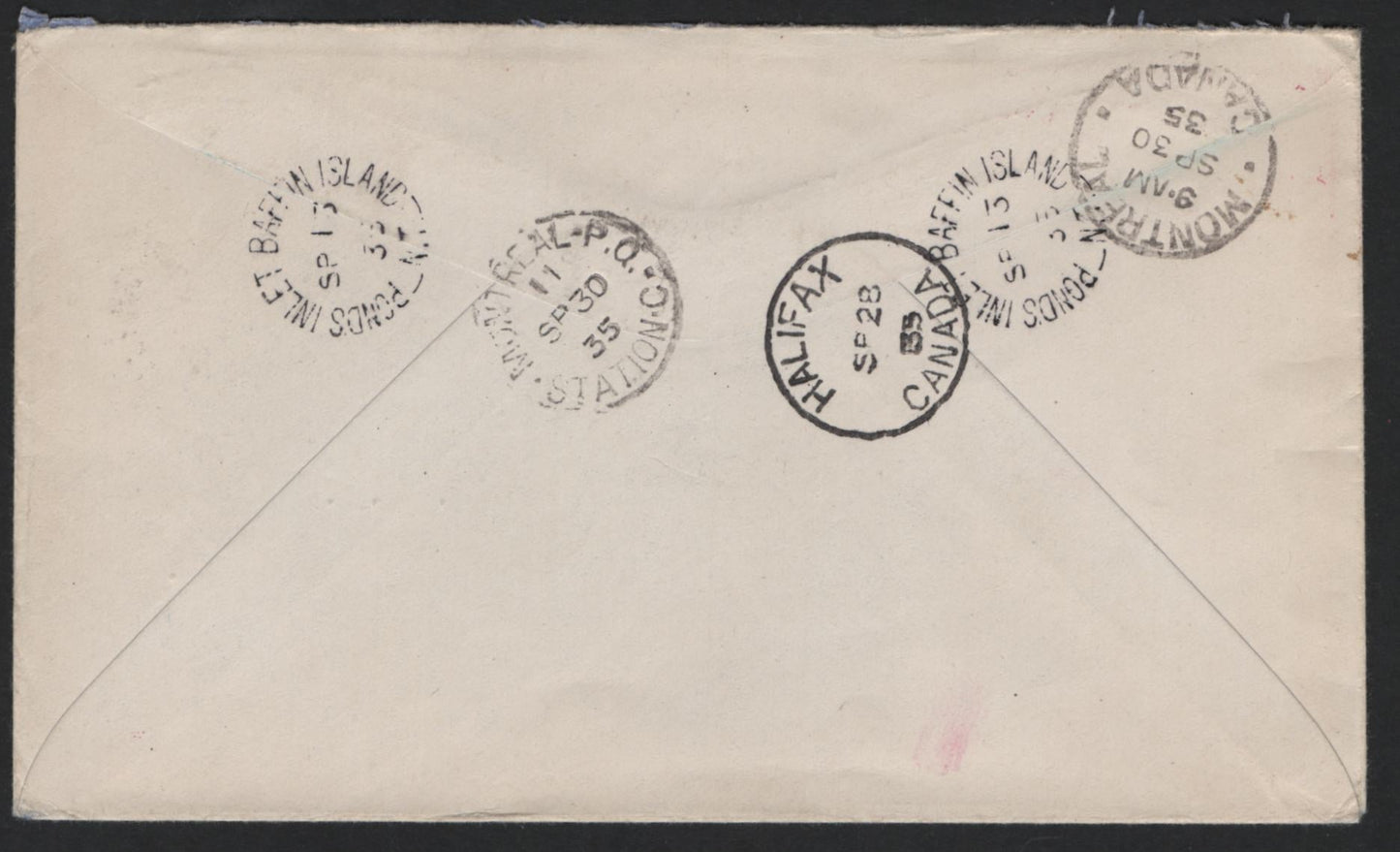 Lot 245 Canada (C) #216 13c Dark Blue Royal Yacht Britannia Issue, 1935 KGV Silver Jubilee Issue, A Very Fine Used Cover, Domestic Registered Cover From Baffin Island to Montreal, Sept 30th Montral Arrival Backstamp
