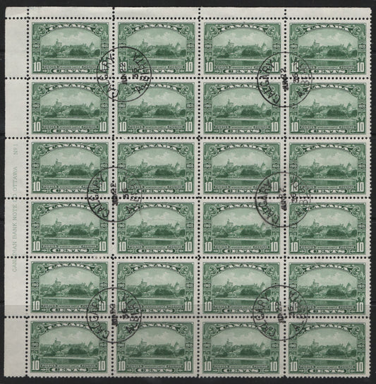 Lot 246 Canada #215 10c Green Windsor Castle, 1935 KGV Silver Jubilee Issue, A Very Fine Used Upper Left Block Of 24, Plate 1, Paper CBN-NNN, Perf 11.9x11.8, Cancelled With 6 Crisp Strikes Of August 22 1936 Calgary AB CDS Cancel.