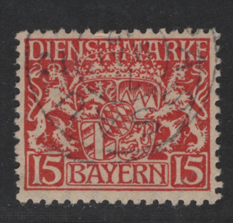 Lot 171 Bavaria SC#O11 (Mi # 27w) 15pf Dark Scarlet Red Coat Of Arms, 1916-1920 Official Issue, A Fine Used Single On Paper Type W, As Described In Michel, May 1917 Cancel Appears Legitimate, Papers X & Y Appeared January 1918, Small Perf Crease