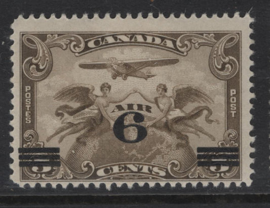 Lot 248 Canada (C) #C3var 6c on 5c Light Olive Brown Winged Figures & Globe, 1932 Airmail Issue, A FOG Single, Paper ABN-IIII, Showing Significant Upward Shift Of Surcharge