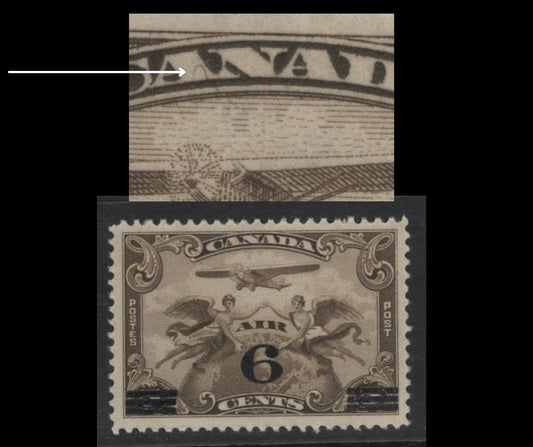 Lot 249 Canada (C) #C3var 6c on 5c Olive Brown Winged Figures & Globe, 1932 Airmail Issue, A FNH Single, Paper ABN-OOOO, Showing Thread Through First A Of Canada