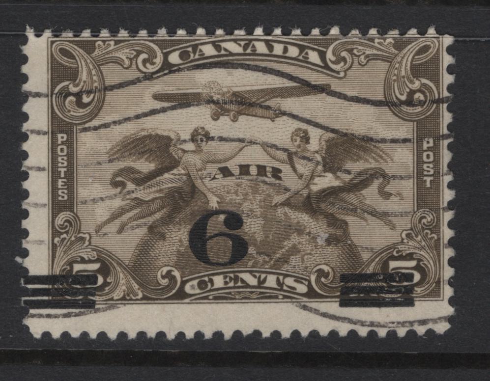 Lot 251 Canada #C3iii 6c on 5c Olive Brown Winged Figures & Globe, 1932 Airmail Issue, A Very Good Used Single, Paper ABN-OOOO, Showing Badly Shifted Overprint