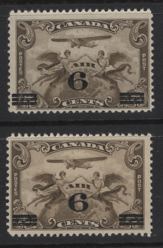 Lot 252 Canada #C3var 6c on 5c Olive Brown Winged Figures & Globe, 1932 Airmail Issue, 2 FNH Singles, Thin, Transparent Paper (ABN-PPPP), With More Common ABN-OOOO For Comparison