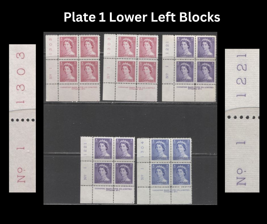 Lot 253 Canada #327-329 3c-5c Cerise, Violet & Ultramarine Queen Elizabeth II, 1953-1954 Karsh Issue, 5 VFNH LL Plate 1 Inscription Blocks, Various Shades, Different Perfs