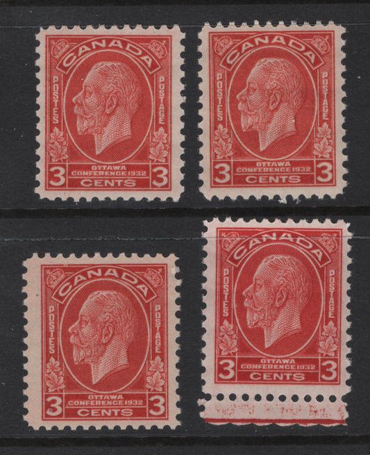 Lot 255 Canada (C) #192 3c Scarlet King George V, 1932 Imperial Economic Conference Issue, 4 VFNH Singles, Papers BABN-M & BABN-O, Perfs 11.1x10.9, 11.1x10.75, 11.2x10.8 & 11.1x10.8, 17.9x22mm & 17.75x22mm Design Sizes.