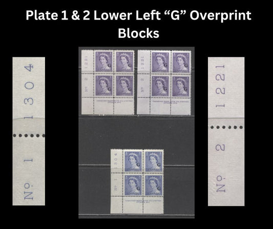 Lot 256 Canada #O36-O37 4c-5c Violet & Ultramarine Queen Elizabeth II, 1953-1954 Karsh Issue, 3 FNH & VFNH LL Plate 1-2 Inscription Blocks, Different Perfs