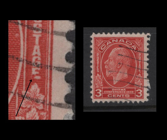 Lot 256 Canada (C) #192i 3c Bright Scarlet King George V, 1932 Imperial Economic Conference Issue, A Very Fine Used Single, Paper BABN-O, Perf 11x10.8, 17.9x22mm Design Showing Broken E Variety From Pos. 87, Plate 2 LR Pane.