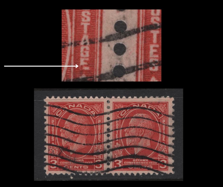 Lot 257 Canada #192, 192i 3c Deep Scarlet King George V, 1932 Imperial Economic Conference Issue, A Fine Used Pair, Paper BABN-O, Perf 11.2x10.75, 17.9x22mm Design Showing Broken E Variety From Pos. 87, Plate 2 LR Pane.