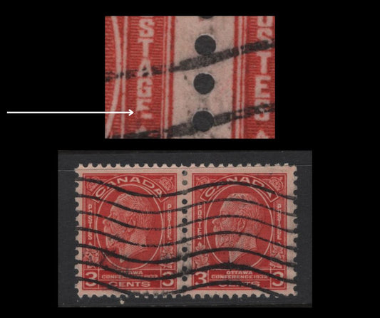 Lot 257 Canada #192, 192i 3c Deep Scarlet King George V, 1932 Imperial Economic Conference Issue, A Fine Used Pair, Paper BABN-O, Perf 11.2x10.75, 17.9x22mm Design Showing Broken E Variety From Pos. 87, Plate 2 LR Pane.