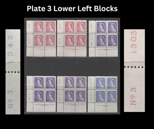 Lot 258 Canada #327-329 3c-5c Cerise, Violet & Ultramarine Queen Elizabeth II, 1953-1954 Karsh Issue, 6 VFNH LL Plate 3 Inscription Blocks, Different Perfs