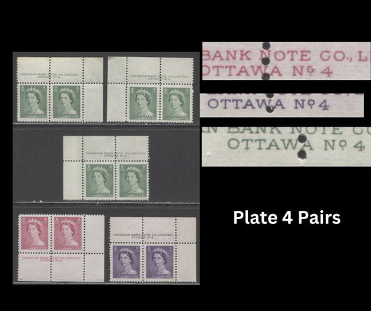 Lot 259 Canada #326-328 2c, 4c Pale Green & Violet Queen Elizabeth II, 1953-1954 Karsh Issue, 5 VFNH Plate 4 Inscription Pairs, Different Perfs