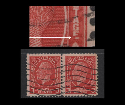 Lot 259 Canada #192, 192i 3c Bright Scarlet King George V, 1932 Imperial Economic Conference Issue, A Fine Used Pair, Paper BABN-O, Perf 11.1x10.9, 17.75x22mm Design Showing Broken E Variety From Pos. 87, Plate 2 LR Pane.