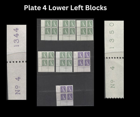 Lot 260 Canada #326, 328 2c, 4c Pale Green & Violet Queen Elizabeth II, 1953-1954 Karsh Issue, 7 FNH, VFNH & VFLH LL Plate 4 Inscription Blocks, Different Perfs