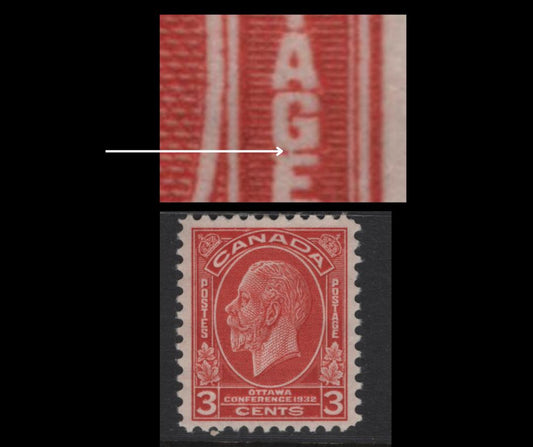 Lot 260 Canada #192var 3c Scarlet King George V, 1932 Imperial Economic Conference Issue, A VFOG Single, Paper BABN-O Perf 11.2x10.8 17.6x22mm Design Showing GE of Postage Joined By Small White Vertical Dash.