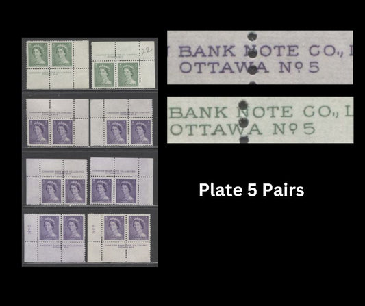 Lot 261 Canada #326, 328 2c, 4c Pale Green & Violet Queen Elizabeth II, 1953-1954 Karsh Issue, 8 VFNH Plate 5 Inscription Pairs, Various Shades, Different Perfs