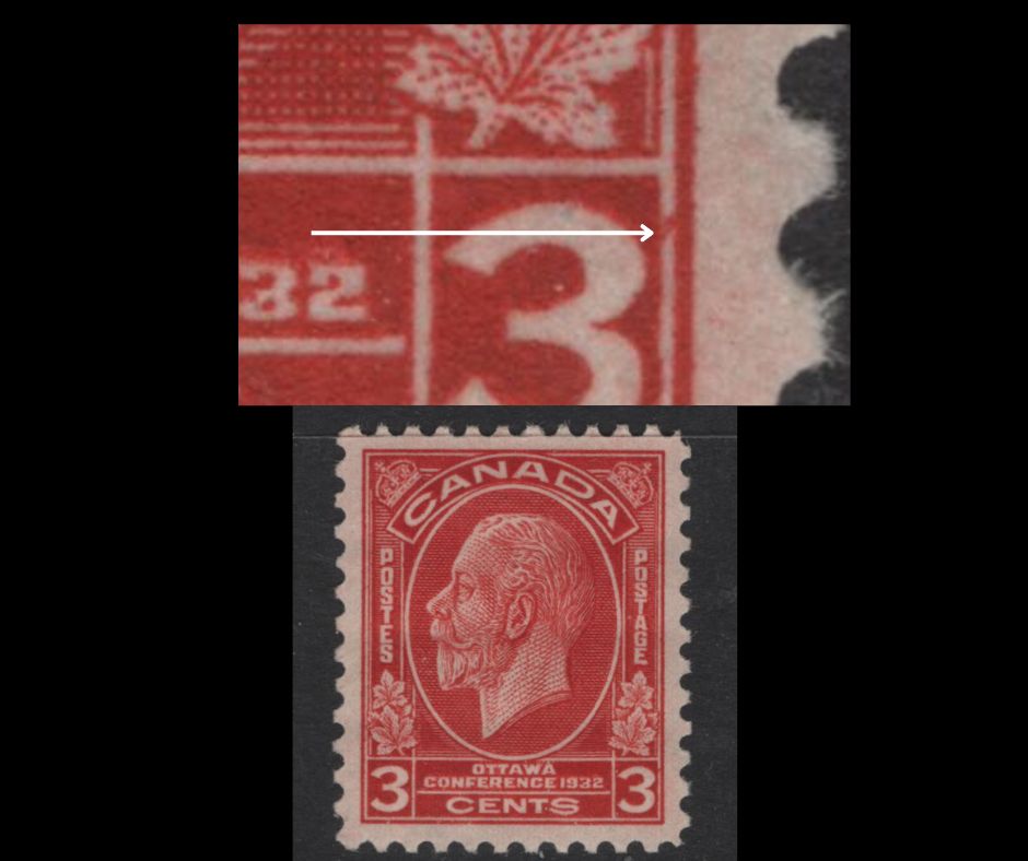 Lot 261 Canada #192var 3c Bright Scarlet King George V, 1932 Imperial Economic Conference Issue, A VFOG Single, Paper BABN-O, Perf 11.1x10.8, 17.8x22mm Design Showing Spur Joining Two Framelines To Right of Right 3.