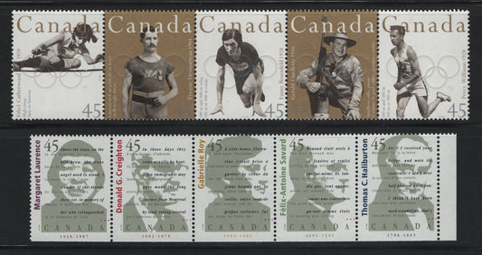 Canada  #1612a, 1626a 45c Multicoloured Ethel Catherwood - Thomas Halliburton, 1996 Canadian Olympic Gold Medallists & Canadian Authors Issues, 2 VFNH Se-Tenant Strips Of 5 Normal Strong Yellow Tagging