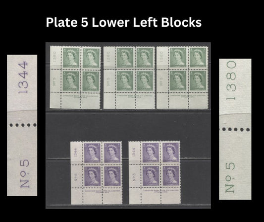Lot 262 Canada #326, 328 2c, 4c Pale Green & Violet Queen Elizabeth II, 1953-1954 Karsh Issue, 6 VFNH LL Plate 5 Inscription Blocks, Different Perfs