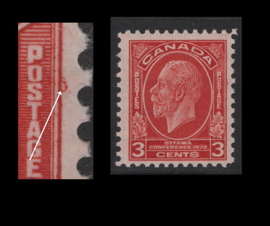 Lot 262 Canada (C) #192var 3c Bright Scarlet King George V, 1932 Imperial Economic Conference Issue, A FNH Single, Paper BABN-O, Perf 11.1x10.9, 17.9x22mm Design Showing Small Loop Projecting From Right Frameline Opposite OS of Postage.