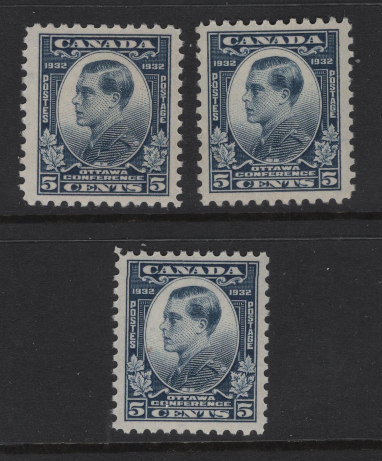 Lot 263 Canada (C) #193 5c Steel Blue Prince of Wales, 1932 Imperial Economic Conference Issue, 3 VFNH Singles, Papers BABN-X & BABN-D, Perfs 10.8 & 10.75x10.8, Design Sizes 17.9x22 & 17.75x21.9mm.