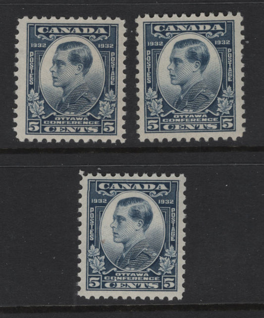 Lot 263 Canada (C) #193 5c Steel Blue Prince of Wales, 1932 Imperial Economic Conference Issue, 3 VFNH Singles, Papers BABN-X & BABN-D, Perfs 10.8 & 10.75x10.8, Design Sizes 17.9x22 & 17.75x21.9mm.