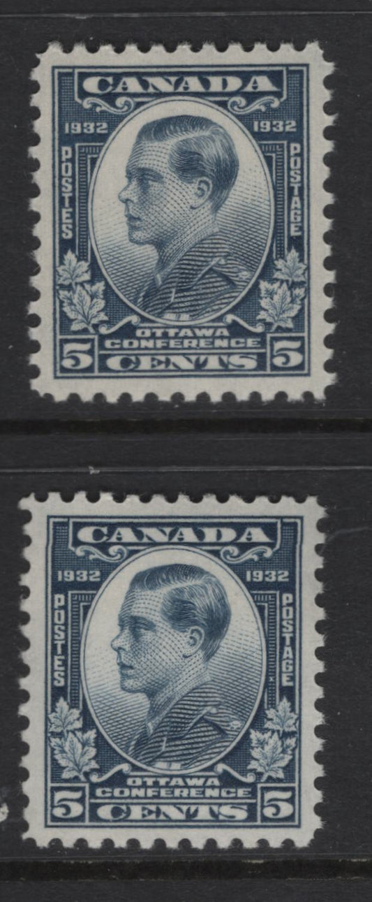 Lot 264 Canada #193 5c Steel Blue Prince of Wales, 1932 Imperial Economic Conference Issue, 2 VFNH Singles, Papers BABN-X & BABN-D, Perfs 10.8 & 10.8x10.9, 17.9x22mm Design Sizes.