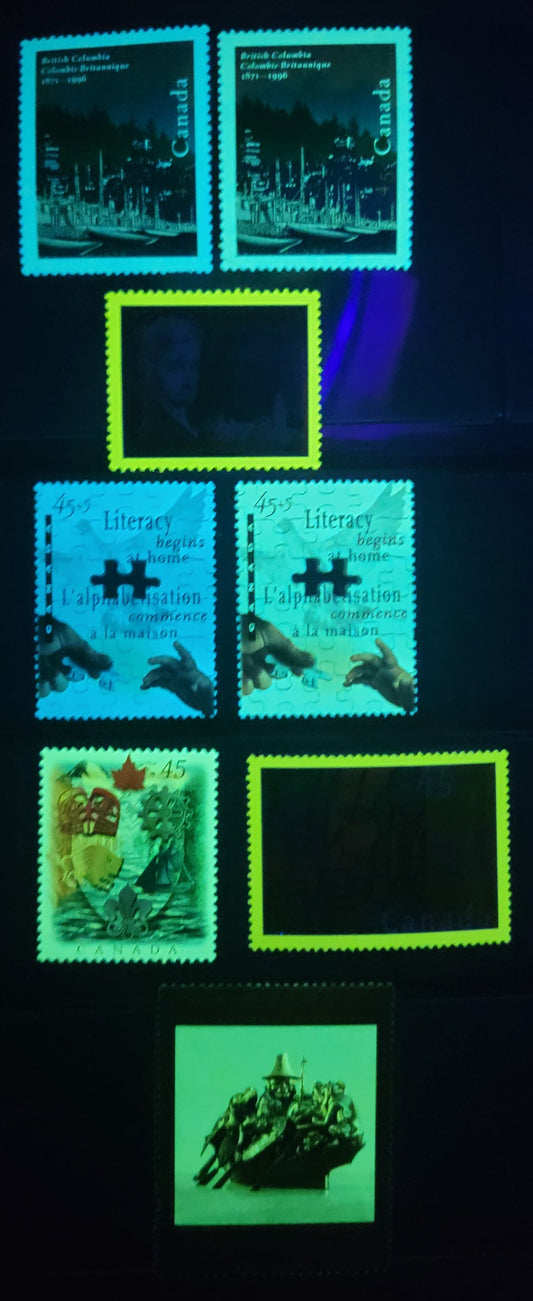 Canada  #1602-1603, 1613-1614, 1617, B13 45c, 90c Multicoloured The Spirit Of Haida Gwaii - Dove & Puzzle Pieces, 1996 Art Canada - Literacy Issues, 7 VFNH Singles Normal & Weak Tagging