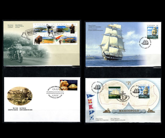 Canada #1778-1783a 46c Multicoloured Raven & University Building - Discovery Trail, 1999 Museum Of Anthropology - Scenic Highways Issues, 4 VF Canada Post FDC's Franked With Singles, Souvenir Sheet & Se-Tenant Block, On DF, NF & HB Envelope