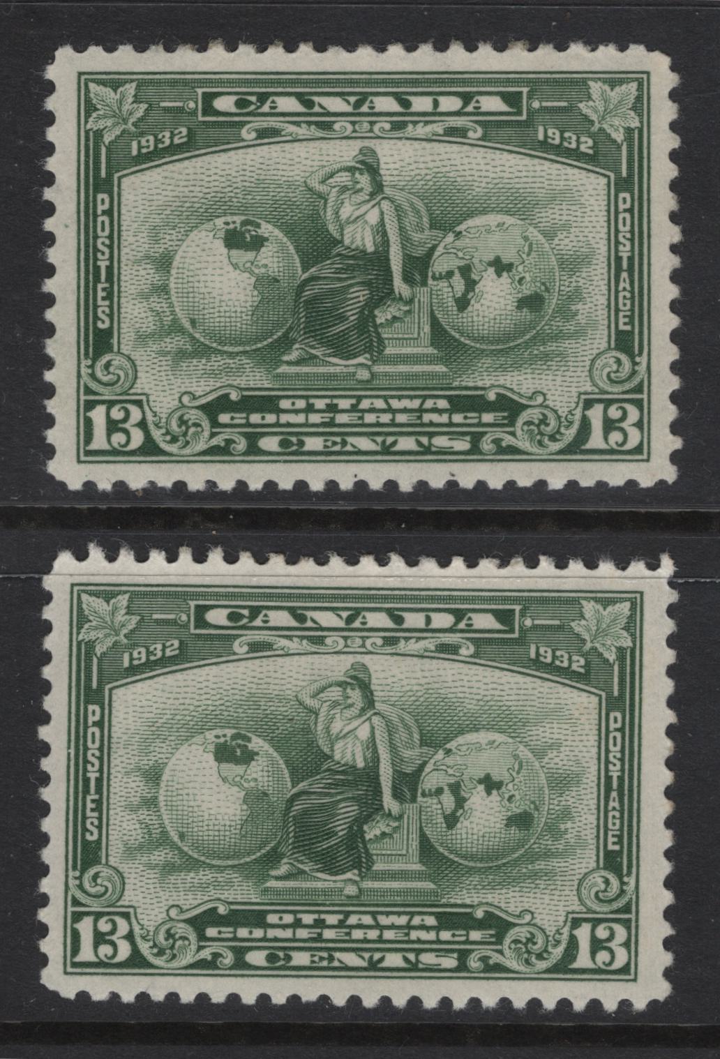 Lot 268 Canada #194 13c Green Britannia, 1932 Imperial Economic Conference Issue, 2 VFOG Singles, Paper BABN-D, Perfs 10.9 & 10.95x10.9
