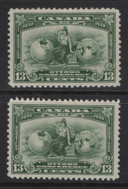 Lot 268 Canada #194 13c Green Britannia, 1932 Imperial Economic Conference Issue, 2 VFOG Singles, Paper BABN-D, Perfs 10.9 & 10.95x10.9