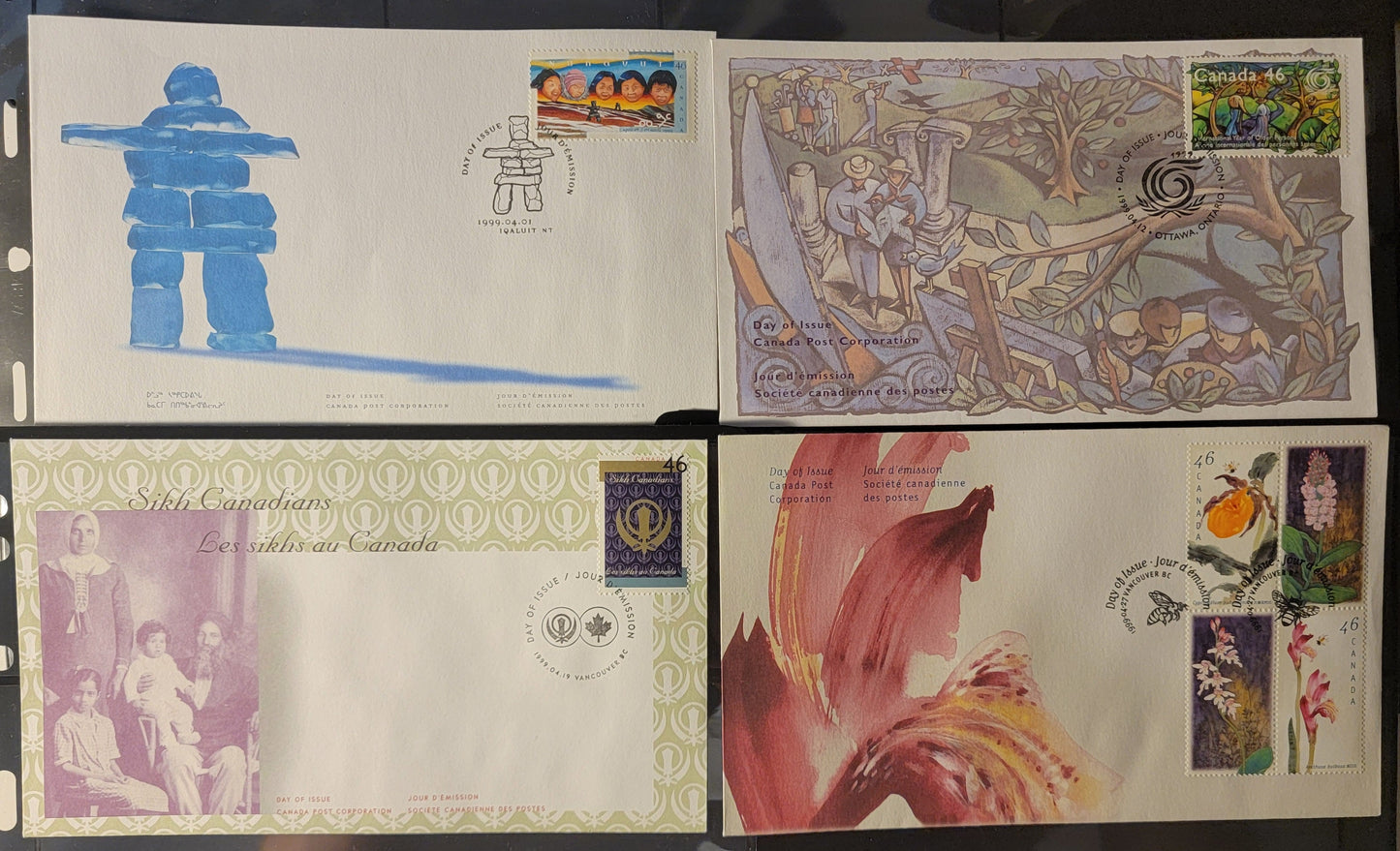 Canada #1784-1790 46c Multicoloured Indigenous Children - Orchids, 1999 Nunavut - Orchids Of Canada Issue, 4 VF Canada Post FDC's Franked With Singles & A Se-Tenant Block On DF & HB Envelopes