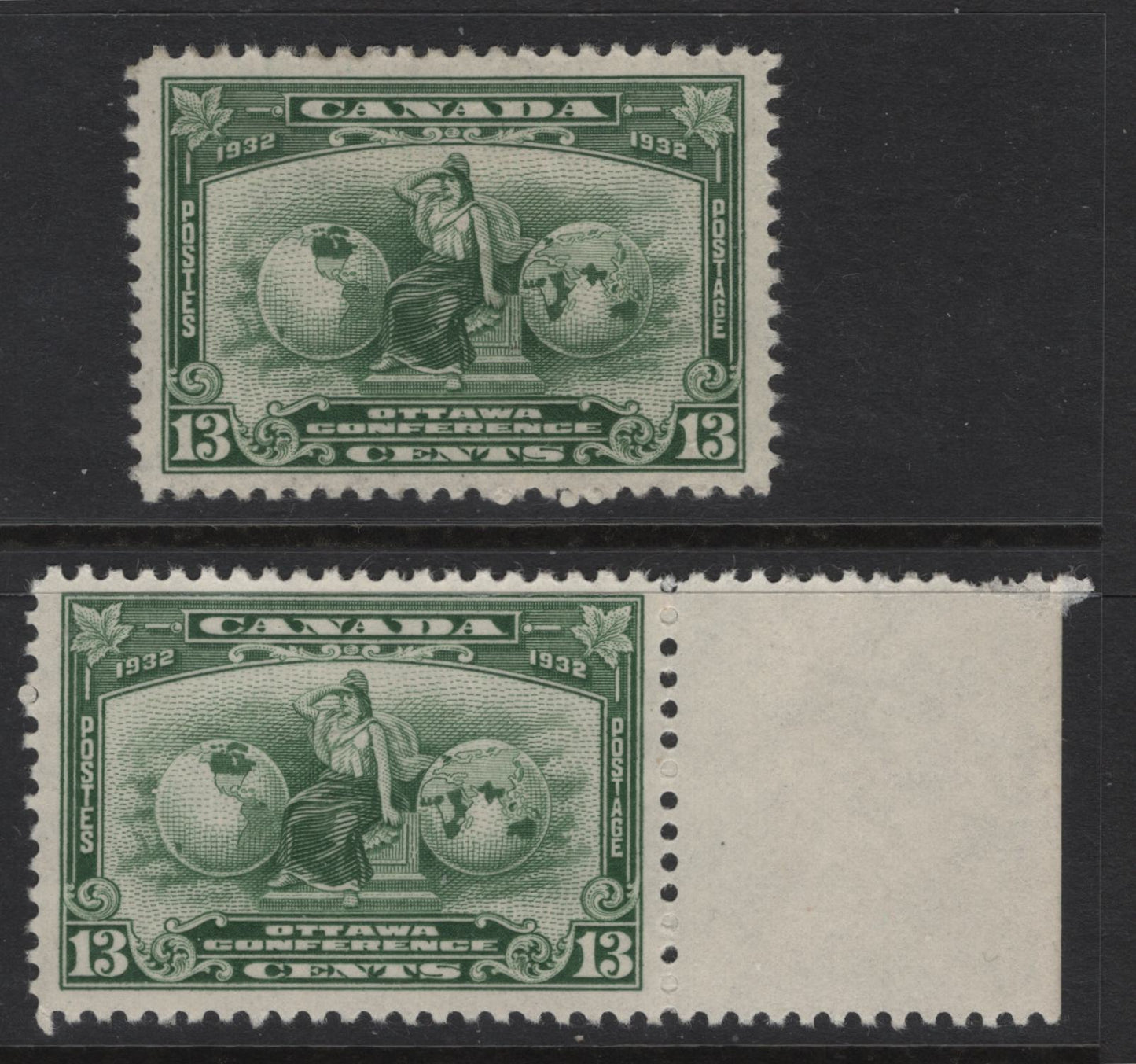 Lot 269 Canada #194 13c Green Britannia, 1932 Imperial Economic Conference Issue, 2 VFOG Singles, Paper BABN-D, Perfs 10.95x10.8 & 10.9x10.8, Design Size 34.5x23.4mm.