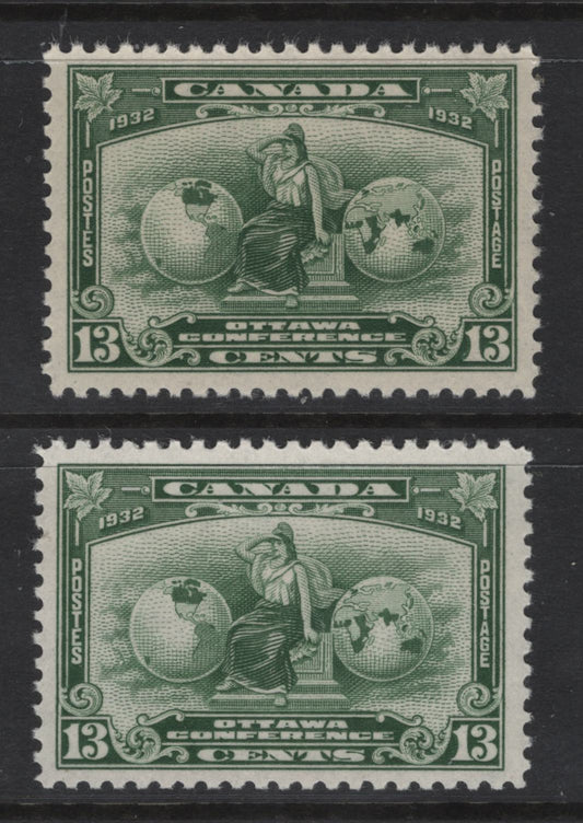 Lot 270 Canada (C) #194 13c Green - Deep Yellowish Green Britannia, 1932 Imperial Economic Conference Issue, 2 VFOG Singles, Paper BABN-X, Perf 10.9x10.8, 34.5x23.4mm Design Size.