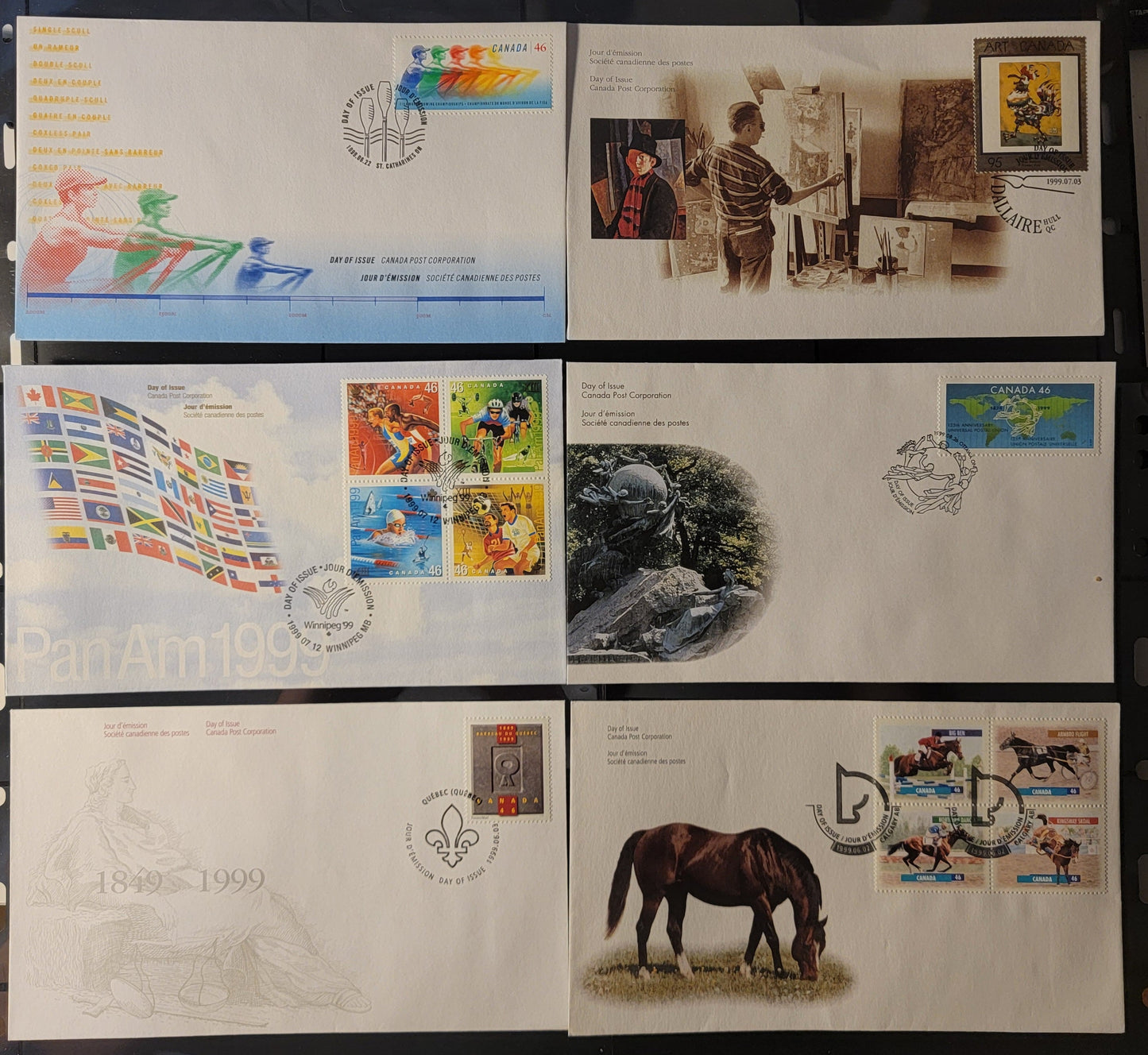 Canada #1794a-1806 46c Multicoloured Northern Dancer - UPU Emblem On World Map, 1999 Canadian Horses - UPU Issues, 6 VF Canada Post FDC's Franked With Singles & Se-Tenant Blocks, DF & HB Envelopes