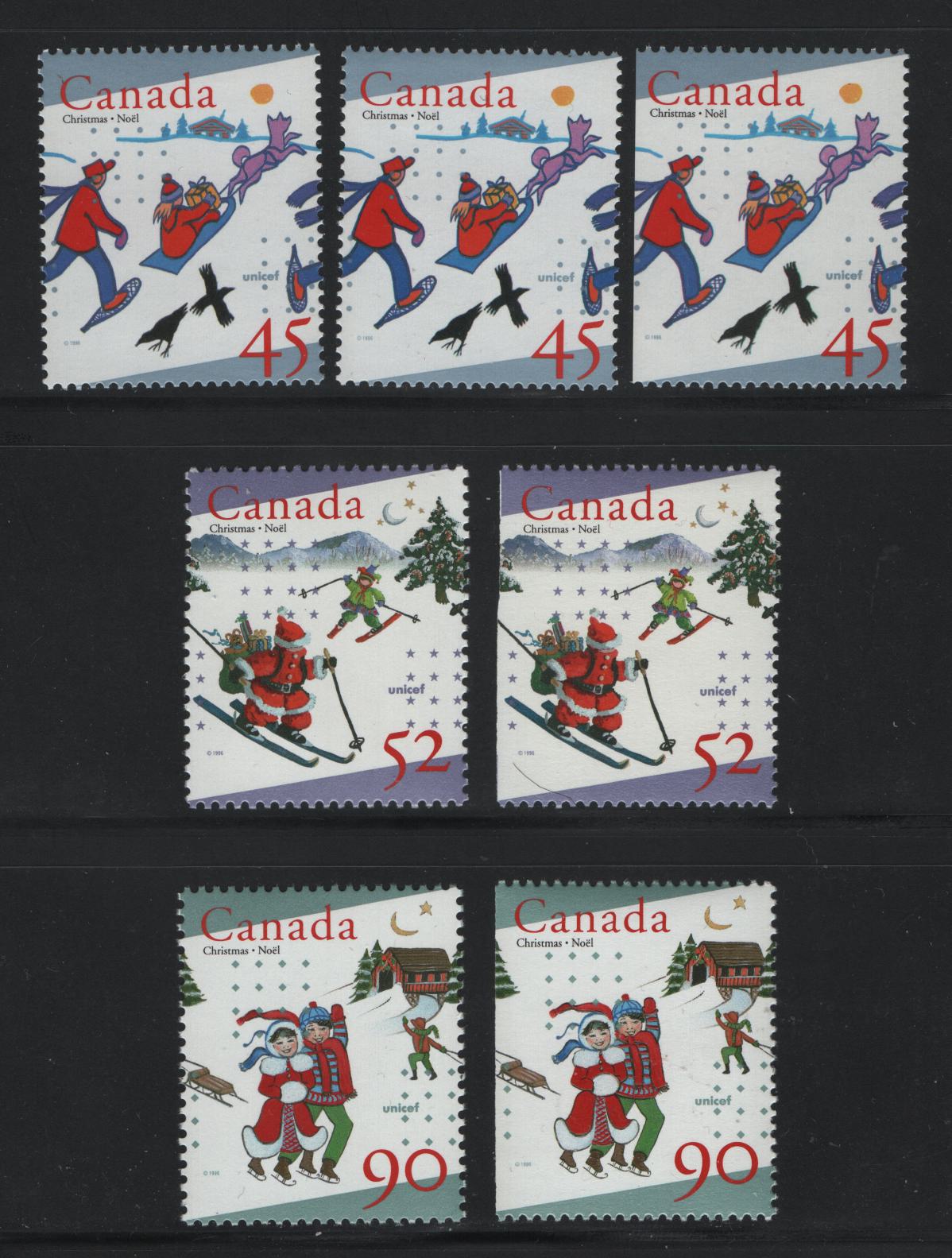 Lot 154 Canada  #1627-1629as 45c-90c Multicoloured Delivering Gifts By Sled - Children Skating, 1996 Christmas Issue, 7 VFNH Singles & Booklet Singles With 45c On DF & LF Peterborough Paper