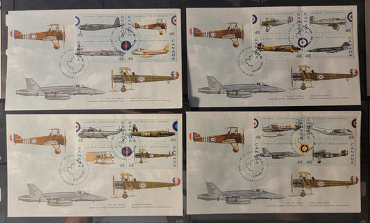 Canada #1808a-p 46c Multicoloured De Havilland Mosquito FB VI - Avro 504K, 1999 Canadian Air Forces Issue, 4 VF Canada Post FDC's Franked With Se-Tenant Blocks On HF Envelopes