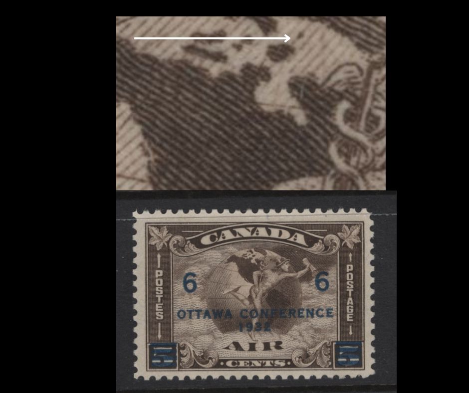 Lot 272 Canada #C4 6c on 5c Deep Olive Brown Mercury With Scroll & Globe, 1932 Airmail Issue, A VFOG Single, Paper BABN-V, Perf 10.85x10.8, Showing Extra Tiny Island Between Greenland & Baffin Island.