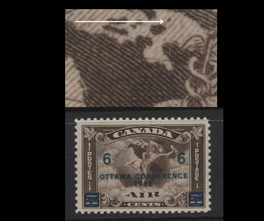 Lot 272 Canada #C4 6c on 5c Deep Olive Brown Mercury With Scroll & Globe, 1932 Airmail Issue, A VFOG Single, Paper BABN-V, Perf 10.85x10.8, Showing Extra Tiny Island Between Greenland & Baffin Island.