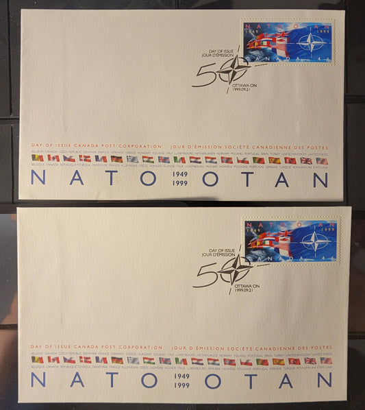 Canada #1809 46c Multicoloured NATO Emblem & Flags, 1999 NATO Issue, 2 VF Canada Post FDC's Franked With Singles On DF & NF Envelopes