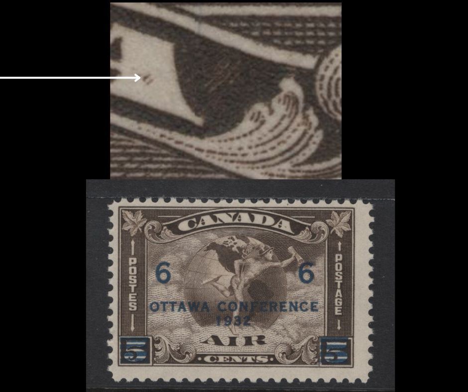 Lot 274 Canada #C4 6c on 5c Olive Brown Mercury With Scroll & Globe, 1932 Airmail Issue, A FNH Single, Paper BABN-V, Perf 10.85x10.8, Showing Two Diagonal Strikes Inside Last A of Canada.