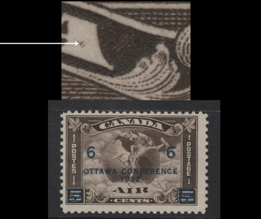 Lot 274 Canada #C4 6c on 5c Olive Brown Mercury With Scroll & Globe, 1932 Airmail Issue, A FNH Single, Paper BABN-V, Perf 10.85x10.8, Showing Two Diagonal Strikes Inside Last A of Canada.