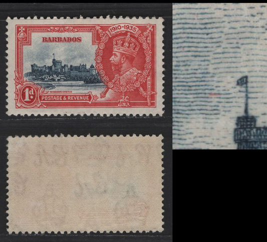 Lot 275 Barbados SC#186var 1d - 1/- Carmine & Dark Blue King George V & Castle, 1935 Silver Jubilee Issue, A VFNH Single, Small Horizontal Dash In Bright Carmine To Left Of Flag